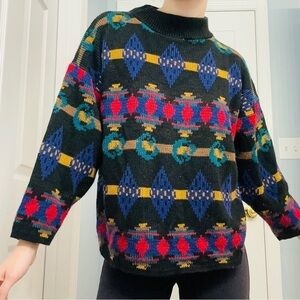 Vintage Sweater Knit Colorful Retro Casual Indie Grandpa High Neck Funky Medium